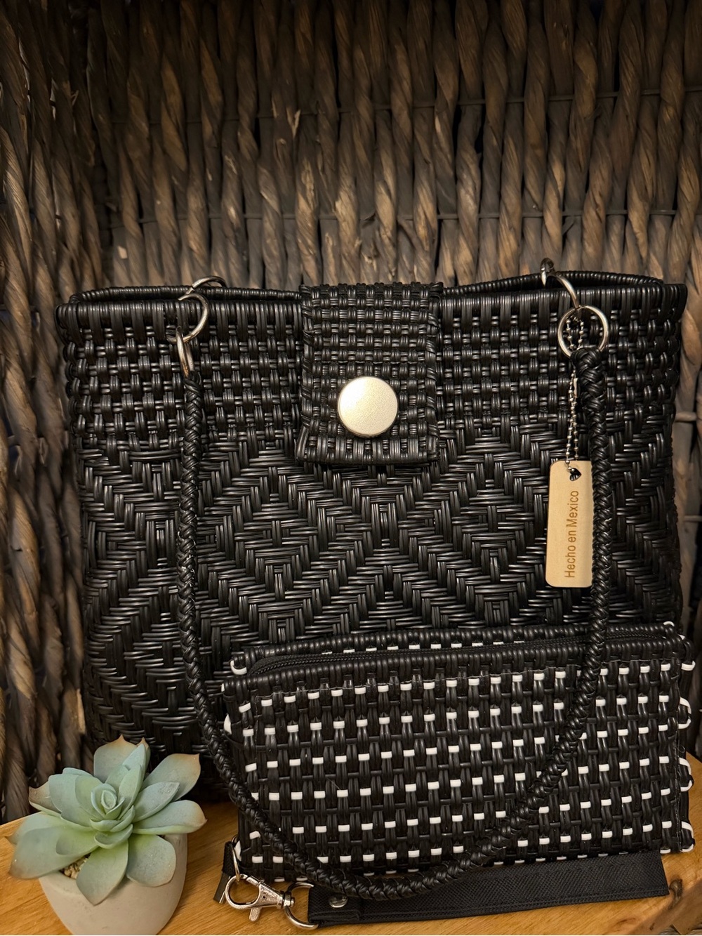 Handwoven Mexican Artisan Black Tote Bag with wallet- Handmade Mexico